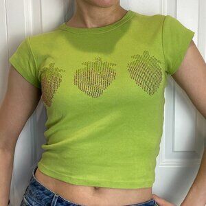 Forever 21 rhinestone strawberry baby tee - green cotton, women's sizing